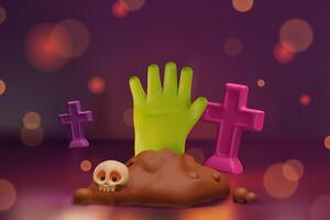 A cute and colorful 3D Halloween scene featuring a bright green zombie hand rising from a muddy grave. Surrounded by playful pink gravestones, a smiling skull with big eyes rests nearby. vector