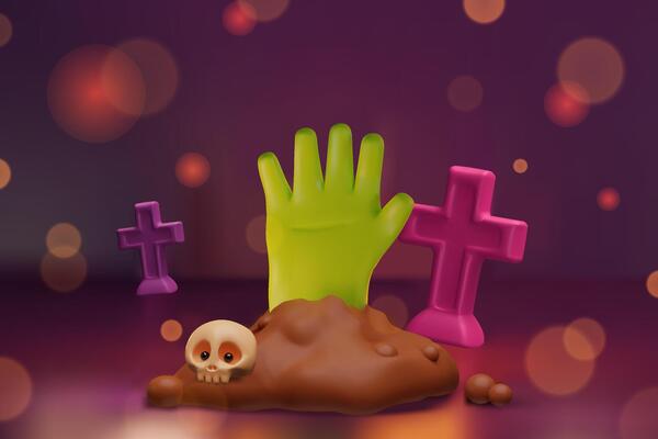 A cute and colorful 3D Halloween scene featuring a bright green zombie hand rising from a muddy grave. Surrounded by playful pink gravestones, a smiling skull with big eyes rests nearby.