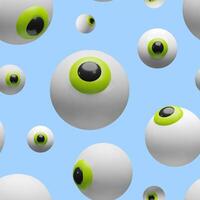 Seamless 3D pattern featuring floating cartoon eyeballs with green irises. Halloween decorations, wrapping paper, textiles, wallpapers. The glossy spherical eyes give a fun, slightly spooky vibe vector