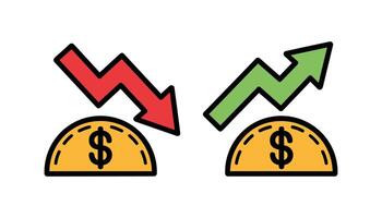 Up and Down Market Trend Icons with Dollar Symbols, Financial Growth and Decline Concept. vector