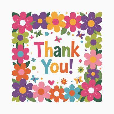 Colorful Thank You Card with Floral Border and Butterflies Cute Illustration.