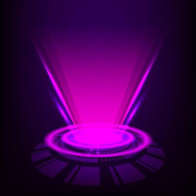 Futuristic Pink Holographic Projection Platform Glowing Light Beam Abstract Sci-Fi Interface on Dark Background