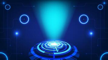 Futuristic Hologram Projection Interface Glowing Circular HUD Elements Blue Digital Spotlight in Tech Environment Background vector