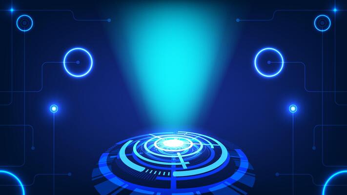 Futuristic Hologram Projection Interface Glowing Circular HUD Elements Blue Digital Spotlight in Tech Environment Background