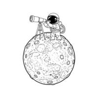 Floating astronaut with telescope looking at swirling galaxy in hand-drawn cosmic scene. vector