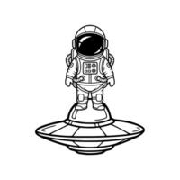 Astronaut standing on flying UFO in simple cartoon black and white space adventure art. Illustration vector