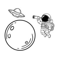 Cartoon astronaut with telescope near moon and UFO in space, outlined in simple line art. Illustration vector