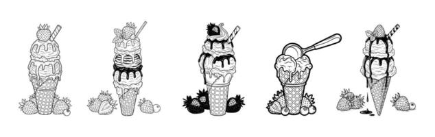 Set of cute hand-drawn ice cream characters with different expressions and toppings for fun food illustrations. vector