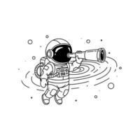 Floating astronaut with telescope looking at swirling galaxy in hand-drawn cosmic scene. Illustration vector