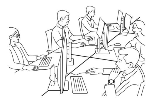 Office Workers at Desk with Computers Line Art vector