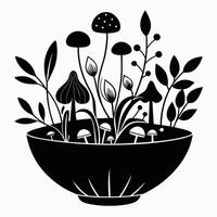 Enchanting Monochrome Illustration of Mushrooms and Flora in a Bowl, Evoking a Serene and Mystical Mood vector