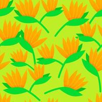 Seamless pattern of bird of paradise flowers on green background vector
