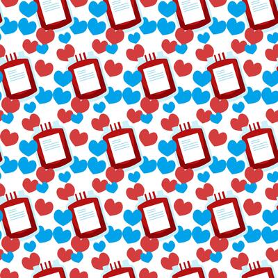Seamless pattern of blood bag for donation and hearts on white background