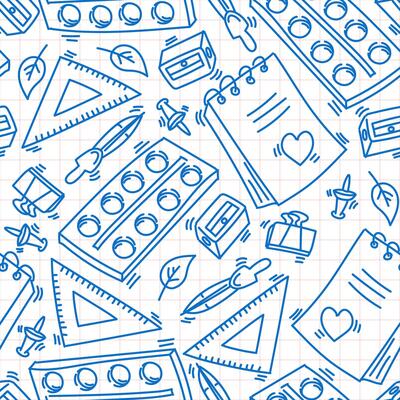 Doodle seamless pattern from school stationery back to school on the background of a cell like notebook pages
