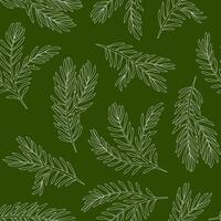 Seamless pattern of fir tree branches in lines on a green background vector