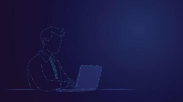 Modern abstract blue background featuring a man working on a laptop in glowing digital line art style, ideal for technology, business, and innovation themed creative projects. vector