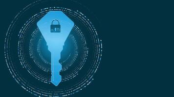 Modern abstract blue background featuring a glowing key with digital lock symbol and circular dots, ideal for cyber security, data protection, and technology concepts in creative designs. vector