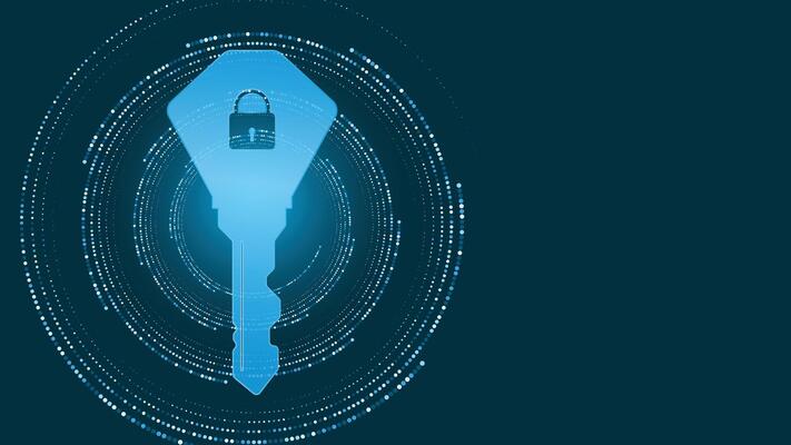 Modern abstract blue background featuring a glowing key with digital lock symbol and circular dots, ideal for cyber security, data protection, and technology concepts in creative designs.