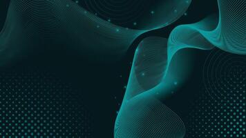 Dynamic abstract background with flowing teal lines, glowing dots, circular halftones and dark backdrop. Ideal for tech, futuristic, or modern design themes. vector
