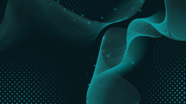 Dynamic abstract background with flowing teal lines, glowing dots, circular halftones and dark backdrop. Ideal for tech, futuristic, or modern design themes.
