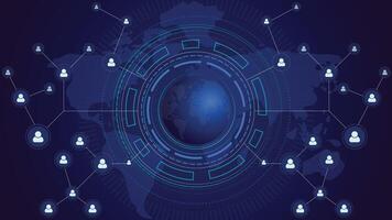 Modern abstract global network background featuring a digital world map and connected user icons, perfect for technology, communication, and digital business designs. vector