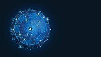 Modern abstract blue background featuring a digital globe surrounded by connected user icons and network lines, perfect for technology, communication, and futuristic business designs. vector