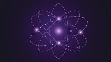 Modern abstract purple background featuring a glowing atom with dynamic electron orbits, perfect for science, technology, physics, energy, and futuristic themed creative projects. vector