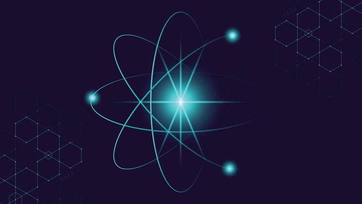 Glowing atomic structure background with blue particles and light trails perfect for science technology digital art physics themes and modern futuristic designs for creative projects
