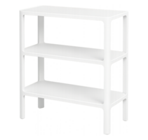 Modern white plastic display shelf, three tiers, isolated on transparent background png