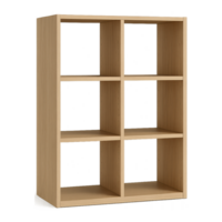 Wooden shelving unit with six sections for home or office organization, ready for product showcase, isolated on transparent background png
