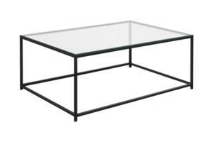 Perspective view of modern tempered glass coffee table with metal frame, isolated on transparent background png