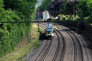 A sleek train moves swiftly on its tracks surrounded by lush greenery photo