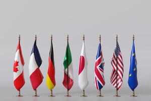Flags of G7 countries including Canada, Germany, Japan, UK, US, and EU are displayed together, symbolizing global cooperation and leadership in economic and political matters. Copy space for text. 3D. photo