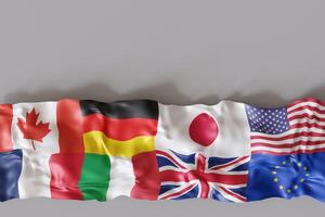 Flags of G7 countries including Canada, Germany, Japan, UK, US, and EU are displayed together, symbolizing global cooperation and leadership in economic and political matters. Copy space for text. photo