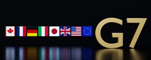 Various national flags representing G7 member countries align next to a prominent G7 emblem. The display signifies collaboration among major economies in addressing global issues. 3D render, banner. photo