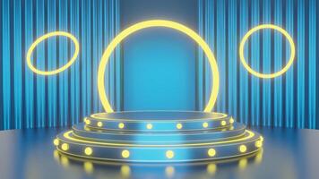 3D empty product display podium with blue curtain studio background. photo