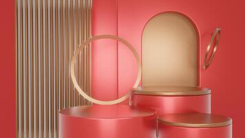 3s red and gold luxury podium pedestal product display and red box background 3d rendering. photo