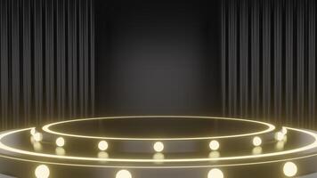 3d podium with black background decorative lights and curtains for product display or online sales program gifts. photo