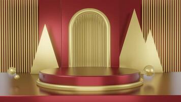 3d rendering of minimal scene of maroon background with podium stage beauty ads and healthy promotion Spotlights Award Ceremony Background. photo