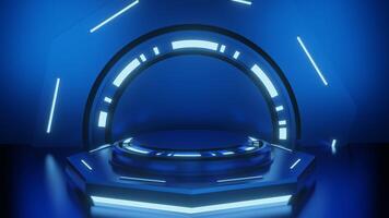 3D blue and glow futuristic podium pedestal product display and blue box background 3d rendering photo