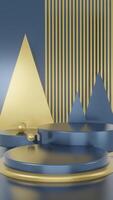 3d blue round podium in gold interior with modern abstract decoration on the wall. Empty space to showcase your beauty product portrait background photo