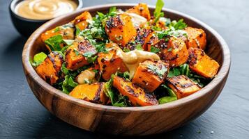 A bowl of vegetables with sauce and dressing photo