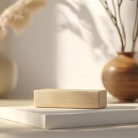 Minimalist Wooden Block on White Surface with Soft Lighting and photo