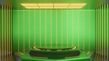 3d green and glow luxury podium pedestal product display and yellow light box background 3d rendering. photo