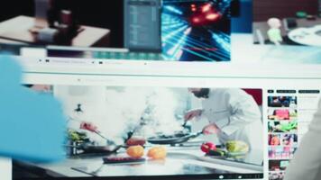 Man entering world of online media, enjoying access to digital platform delivering videos on demand. African american person looking at dashboard featuring lifestyle and viral clips, camera A