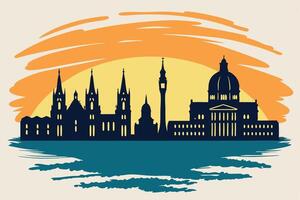 Skyline silhouette of city buildings with colorful sunset and water elements vector