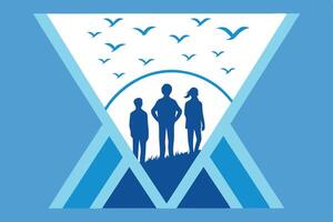 Blue silhouettes of people and birds within a geometric shape vector