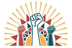 Raised Fists Illustration with Sunburst and Geometric Shapes vector