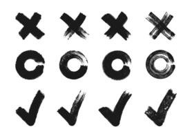 Black grunge textured brush stroke cross, circle and check mark. Set on a white background. Hand drawn design elements. illustration. vector