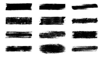 Set of black grunge paint brush strokes isolated on white background. Black distressed ink texture graphic design elements. stencil lines, diverse brush strokes set. vector